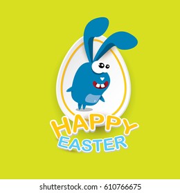 vector happy easter greeting card with eggs, funny easter bunny and greeting text. vector spring easter cartoon background