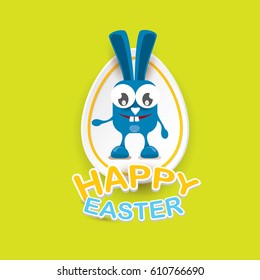 vector happy easter greeting card with eggs, funny easter bunny and greeting text. vector spring easter cartoon background