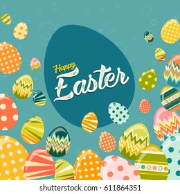 Vector Happy Easter greeting card with colorful eggs on a background. Conceptual decorative illustration. Happy holidays. Greeting card design