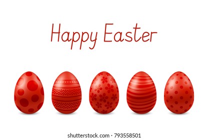 Vector Happy Easter greeting card with realistic eggs isolated. Five red glossy metal easter eggs. Text 'Happy Easter'. Self-made font. 3D illustration