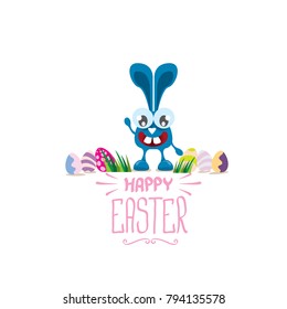 vector happy easter greeting card with color eggs, funny easter bunny and hand drawn text isolated on white background. vector spring easter cartoon background