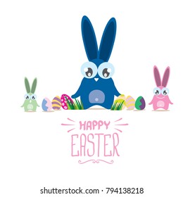 vector happy easter greeting card with color eggs, funny easter bunny and hand drawn text isolated on white background. vector spring easter cartoon background
