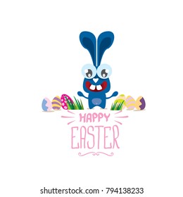 vector happy easter greeting card with color eggs, funny easter bunny and hand drawn text isolated on white background. vector spring easter cartoon background
