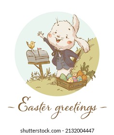 Vector Happy Easter greetings illustration with cute adorable white bunny character in jacket waving at his hole isolated. Flat vintage sketch hand drawn style. For Easter card, print, poster, banner.