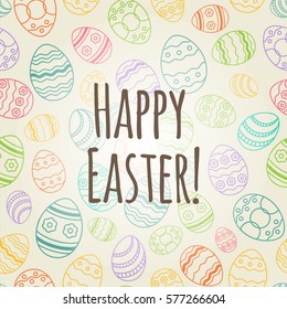 Vector Happy Easter hand written style lettering on egg thin line seamless colored background. Greeting easter card illustration EPS10