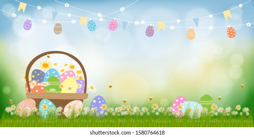 Vector Happy Easter holiday greeting card with Nature background, Easter eggs in basket and cute eggs flag hanging on a clothesline,Springtime with green grass and flowers with blurry bokeh background