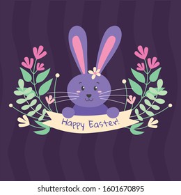 vector happy easter illustration with cute bunny, floral elements and violet background