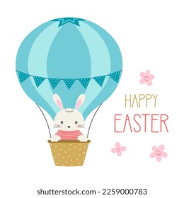 vector happy easter illustration with cute adorable bunny fly on air balloon, flat style, print for kids