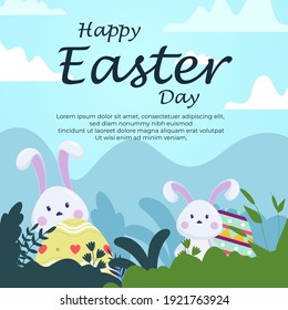 vector Happy easter illustration with funny bunny. spring nature, flowers, ornate Easter egg. Flyer, banner, poster and template design.