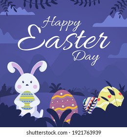 vector Happy easter illustration with funny bunny. spring nature, flowers, ornate Easter egg. Flyer, banner, poster and template design.