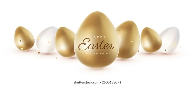 Vector Happy Easter illustration with realistic shine golden and white egg on white color background. 3d cartoon style design with different golden and white egg for holiday easter hunt banner, card