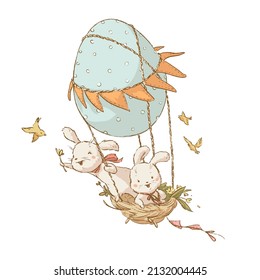 Vector Happy Easter illustration with two cute adorable white bunny characters fly on hot air ballon  isolated. Flat vintage sketch hand drawn style. For Easter card, print, poster, banner etc.