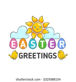 Vector Happy Easter Label. Cute Holiday spring Badge with eggs, sun and birds. Vector Template for Greetings on white background