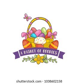 Vector Happy Easter Label. Cute basket of goodies spring Badge with eggs, flowers, leaves and phrase. Vector Template for Greetings on white background
