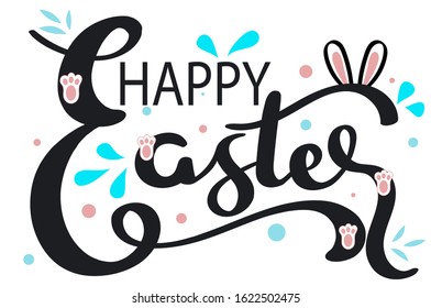 Vector Happy Easter lettering with Bunny ears colorful. Illustration Easter handwritten