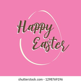 Vector Happy Easter lettering with white easter egg isolated on pink background.