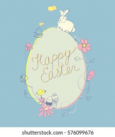 Vector Happy Easter ornamental illustration. Cute rabbit with yellow chick, flowers and egg.