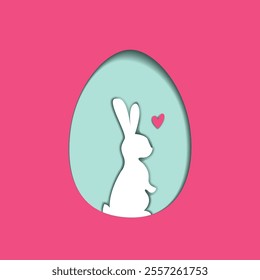 Vector Happy easter paper cut greeting card. Easter rabbit inside egg. Easter greeting card.