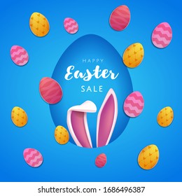 Vector Happy Easter Party Flyer Illustration with painted eggs, rabbit ears and typography elements in blue background. Spring holiday celebration poster design template.