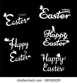 Vector Happy Easter phrases made in modern hand drawn lettering style .Greeting card text templates.  Trendy decorative silhouettes of butterfly, bird, leaf, snail, ant . Isolated. 