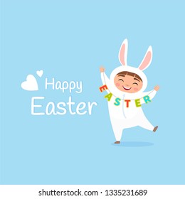 Vector Happy Easter poster. Illustration of a cute child in a rabbit costume with a garland. Gentle blue background.
