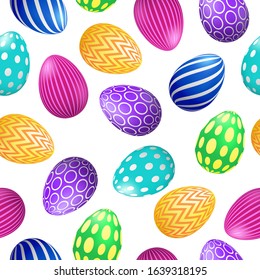 Vector Happy Easter seamless pattern with 3d realistic decorated eggs on white background. Colorful festive backdrop for design, decoration, event. Vector card, promotion, poster, flyer, web.