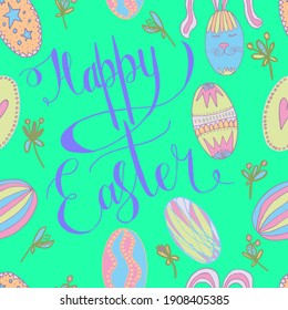 vector happy easter seamless pattern with eggs and spring flowers