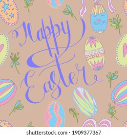 vector happy easter seamless pattern with eggs and spring flowers