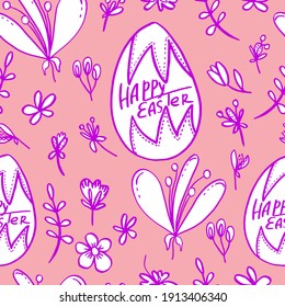 vector happy easter seamless pattern. Painted eggs with spring flowers and herbs