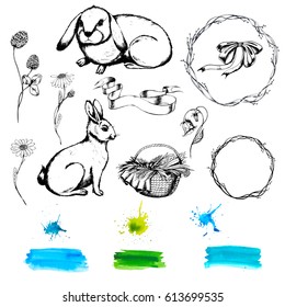 Vector "Happy Easter" set with cute rabbit, flowers, Easter basket, ribbon, watercolor blots and background , a wreath of twigs. Ink drawn collection in vintage style. Hand drawn sketch black on white