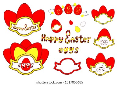 Vector Happy Easter templates with eggs, flowers, floral branches and wreath, and typographic design. Good for spring and Easter greeting cards and invitations.