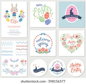 Vector Happy Easter templates with eggs, flowers, floral branches and wreath, rabbit, pattern brushes and typographic design. Good for spring and Easter greeting cards and invitations.