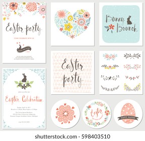 Vector Happy Easter plantillas con huevos, flores, corazón y corona florales, marco ornamentado, conejo y diseño tipográfico. Es bueno para tarjetas de felicitación de primavera y Semana Santa e invitaciones.