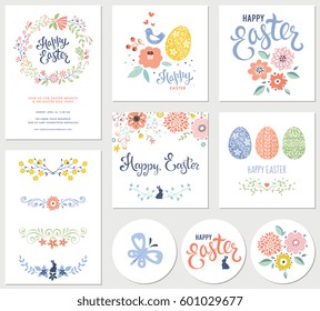 Vector Happy Easter templates with eggs, flowers, floral branches and wreath, rabbit, butterfly and typographic design. Good for spring and Easter greeting cards and invitations.