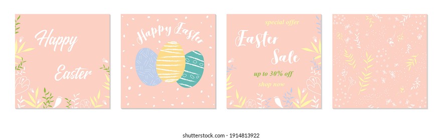 Vector Happy Easter templates square with eggs, flowers and typographic design easter sale, spring seamless pattern. Good for spring and Easter greeting cards and invitations, and social media post