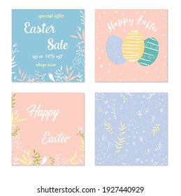 Vector Happy Easter templates square with eggs, flowers and typographic design easter sale, spring seamless pattern. Good for spring and Easter greeting cards and invitations, and social media post