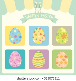 Vector of happy easter theme.The eggs painted design put in colors frame.Green border