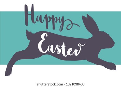 Vector Happy Easter typography font greeting card motive with jumping rabbit silhouette