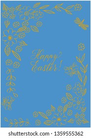 Vector Happy Easter vintage hand drawn greeting card with lettering, flowers and butterfly, eps10