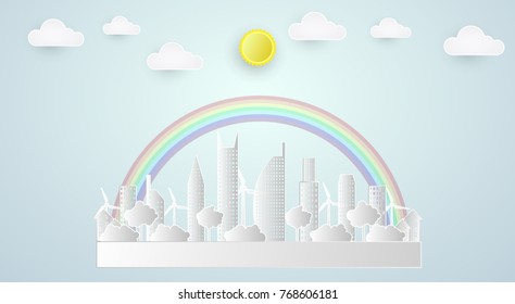 Vector happy and eco city concept.graphic design paper art style