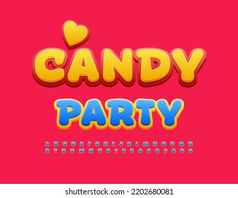 Vector happy Emblem Candy Party.  Bright creative Font. Cute Kids Alphabet Letters and Numbers.