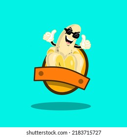 vector happy face banana wearing glasses with hands raised both thumbs.