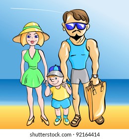 vector happy family - beautiful young woman, a strong man and a young boy holding hands on the beach at the blue sea
