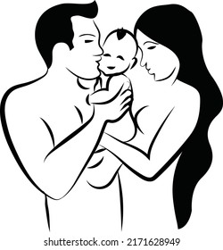 Vector of happy family with child in the lap. Illustration of father kissing the baby and mother hugging each other. Love for children. Line art of parents' love for a child. Happy parents day icon