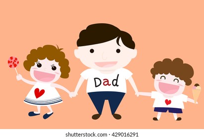 Vector of happy family including father, son and daughter, they are very happy, his son hold ice cream and duagther hold sweet candy.