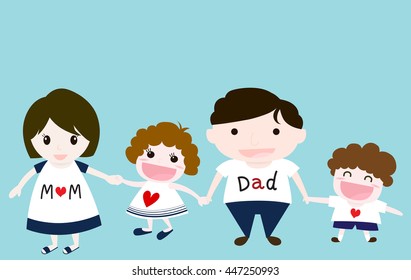 Vector of happy family including father, mother, son and daughter, they have happy face.