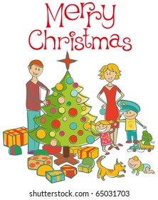 vector happy family mother, father, boy, girl, baby boy and dog dressing up the christmas tree