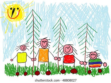 vector - happy family on a trip in the woods (child's drawing)