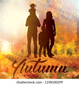 Vector Happy Family and Pet Dog Autumn Portrait. Illustration of Parents With Children