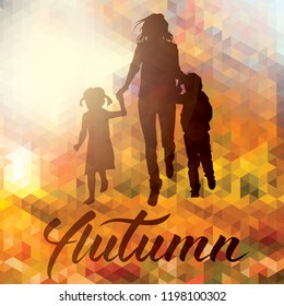 Vector Happy Family and Pet Dog Autumn Portrait. Illustration of Parents With Children